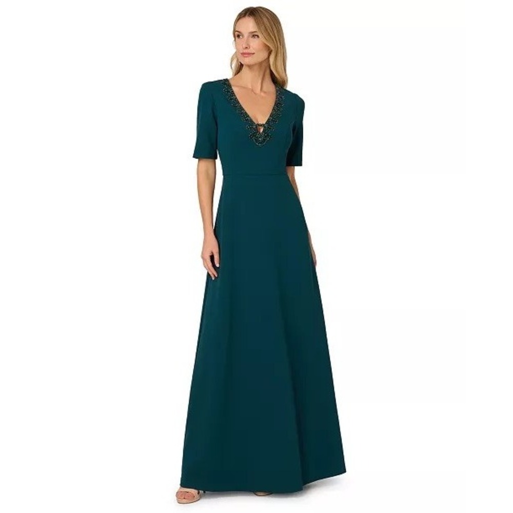 NWT Adrianna Papell Womens Trimmed Mermaid V-Neck Gown Gown Womens Beaded 4 $249